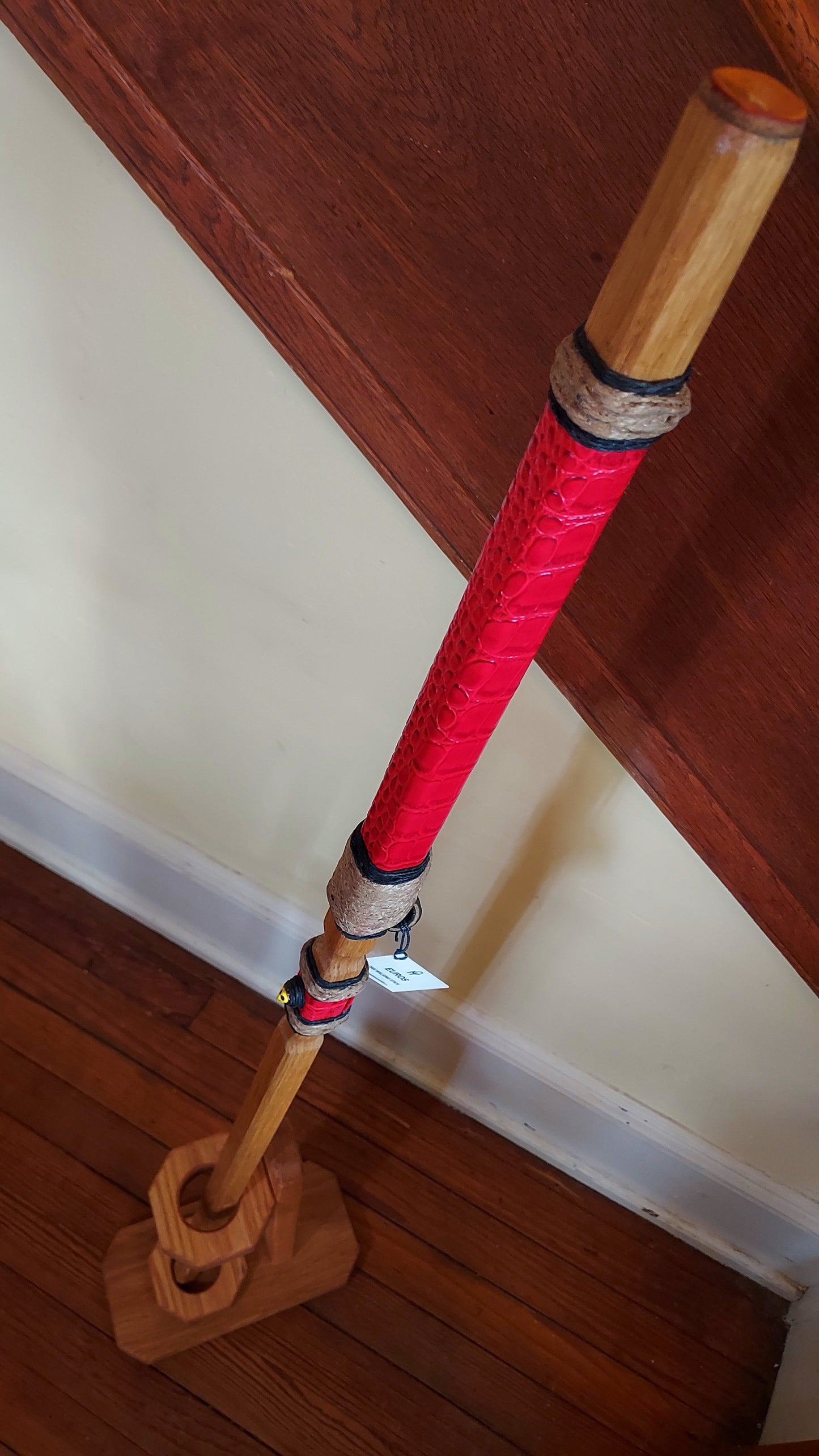 Walking Stick - EUROS - 49" White Oak - Red Crocodile grip, with custom Display Stand