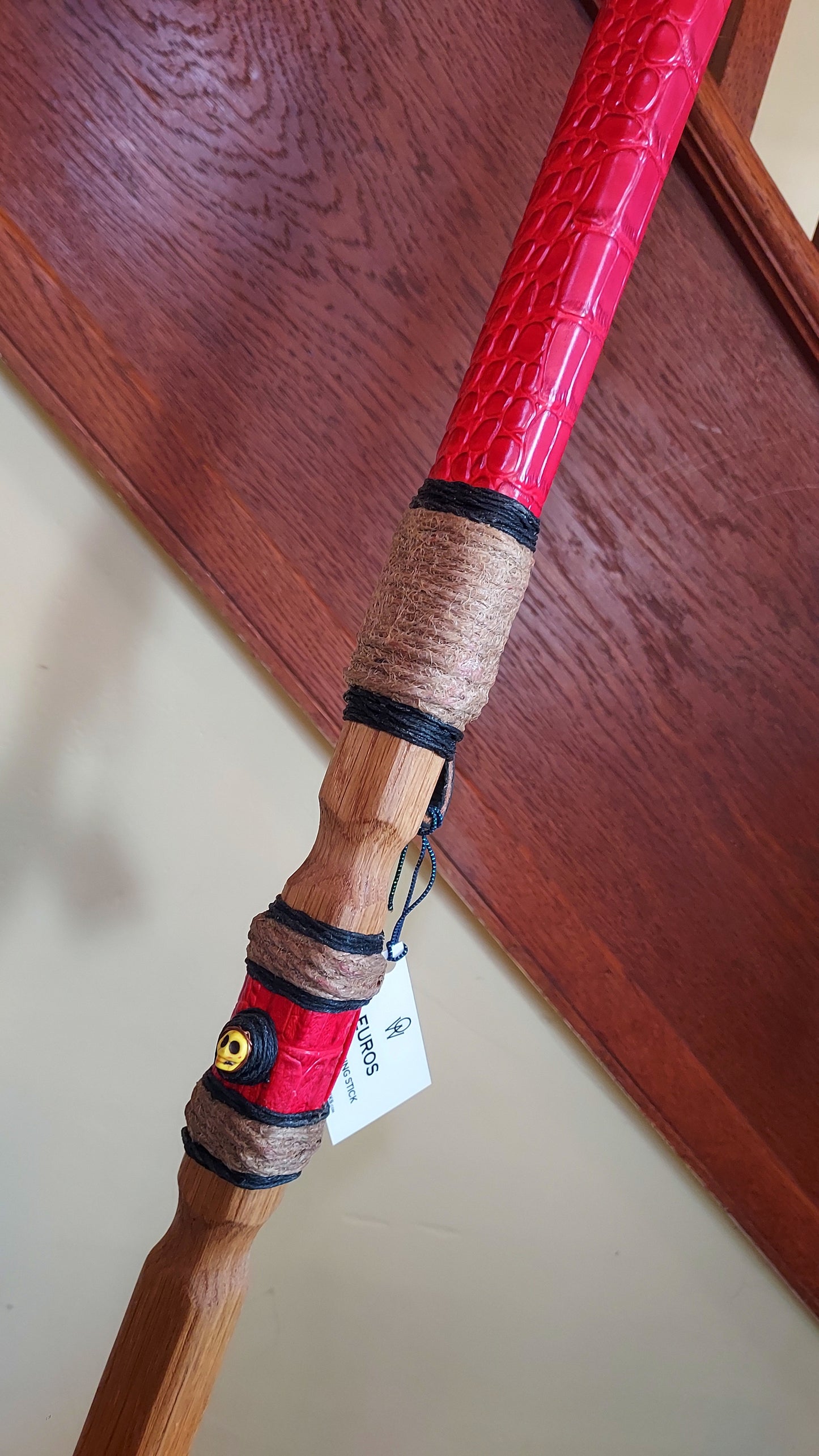 Walking Stick - EUROS - 49" White Oak - Red Crocodile grip, with custom Display Stand