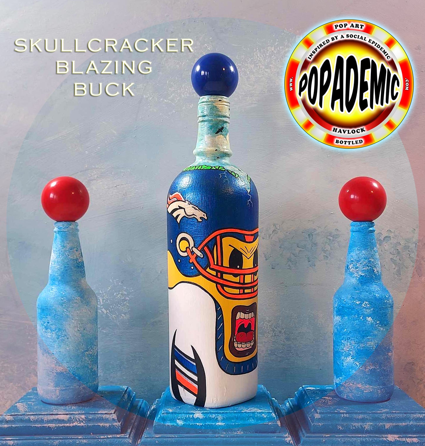 Popademic - SKULLCRACKER - BLAZING BUCK (Denver Broncos) - Original Painted Bottle - Joey & Rhonda Havlock