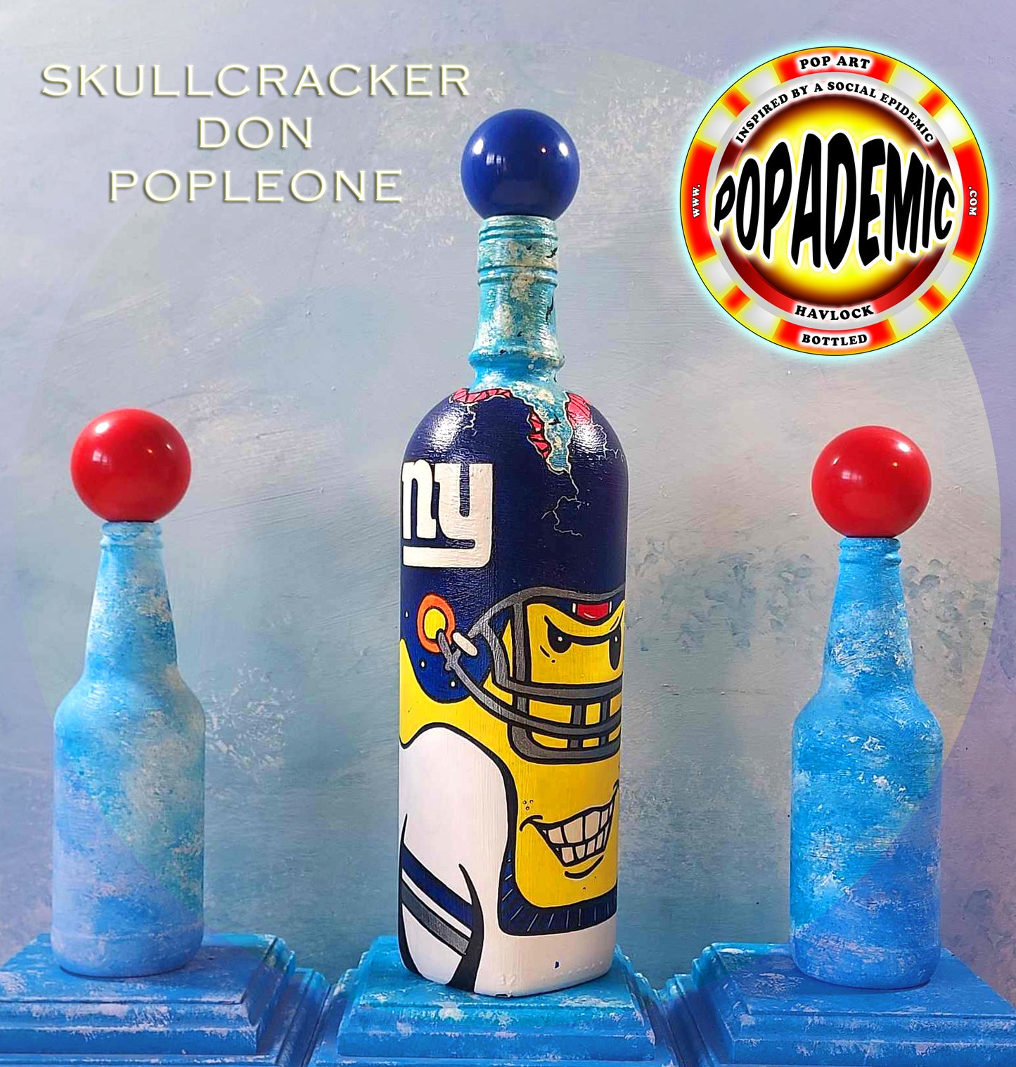 Popademic - SKULLCRACKER - DON POPLEONE (New York Giants) - Original Painted Bottle - Joey & Rhonda Havlock