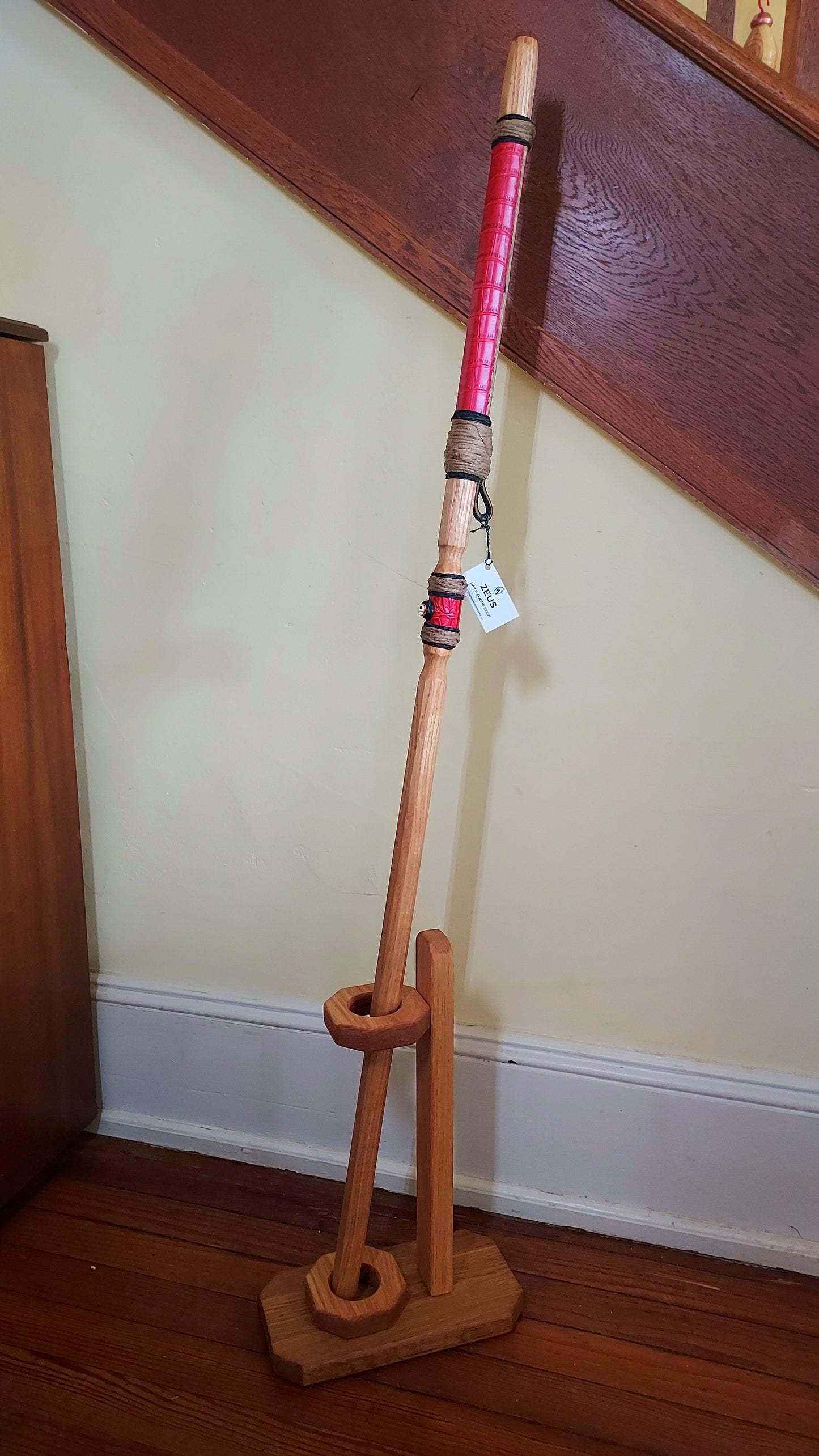 Walking Stick - ZEUS - 49" Red Oak - Red Crocodile grip with custom display stand