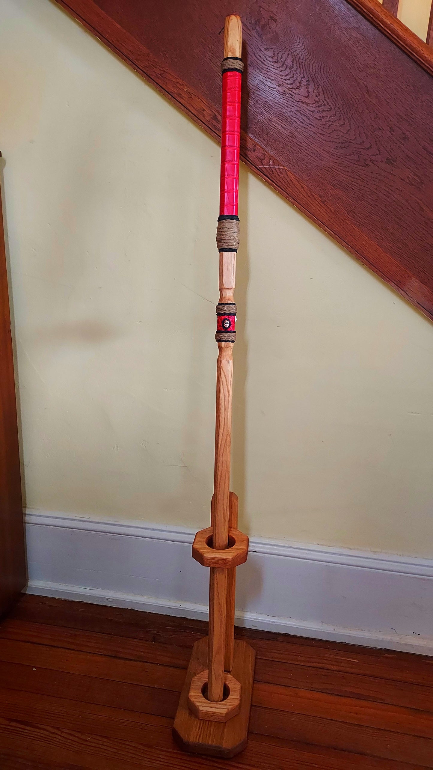 Walking Stick - ZEUS - 49" Red Oak - Red Crocodile grip with custom display stand