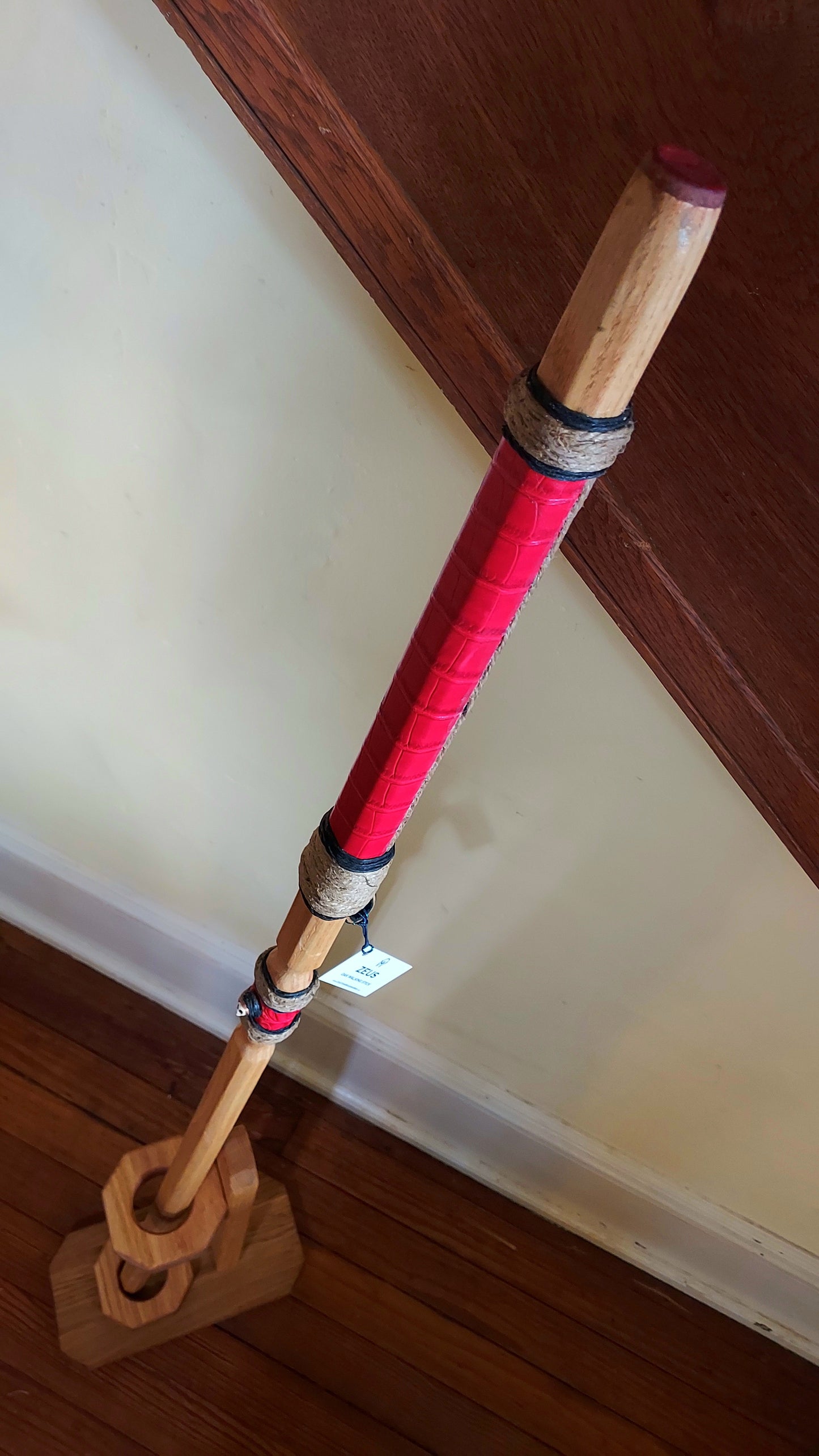 Walking Stick - ZEUS - 49" Red Oak - Red Crocodile grip with custom display stand