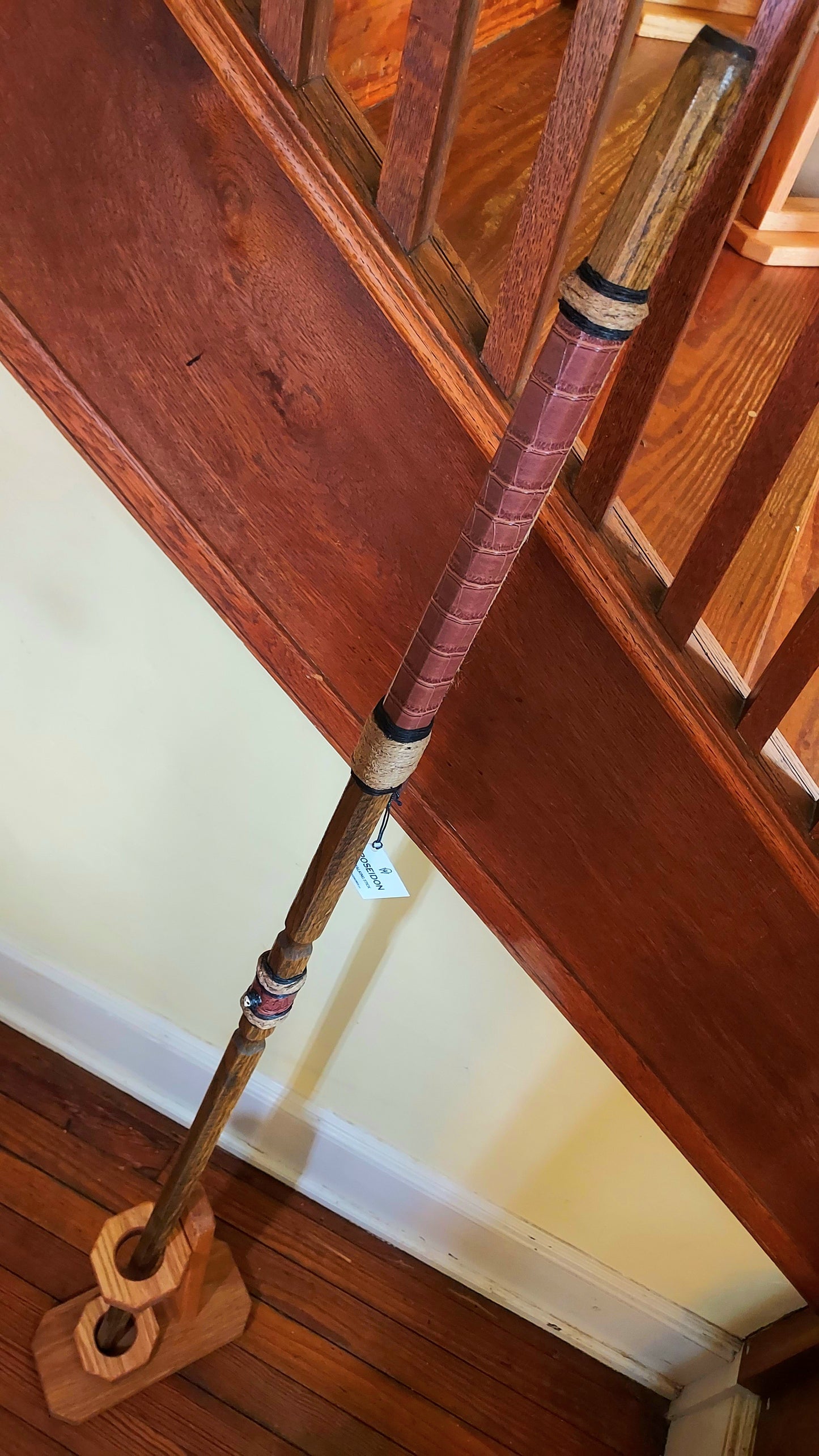 Walking Stick - POSEIDON - 61" White Oak - Brown Crocodile grip with custom display stand