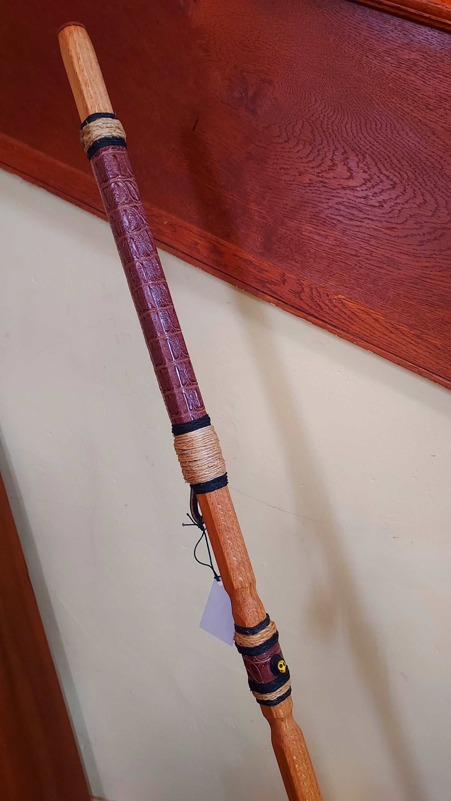 Walking Stick - LOKI - 51" Red Oak - Brown Crocodile grip, with custom Display Stand