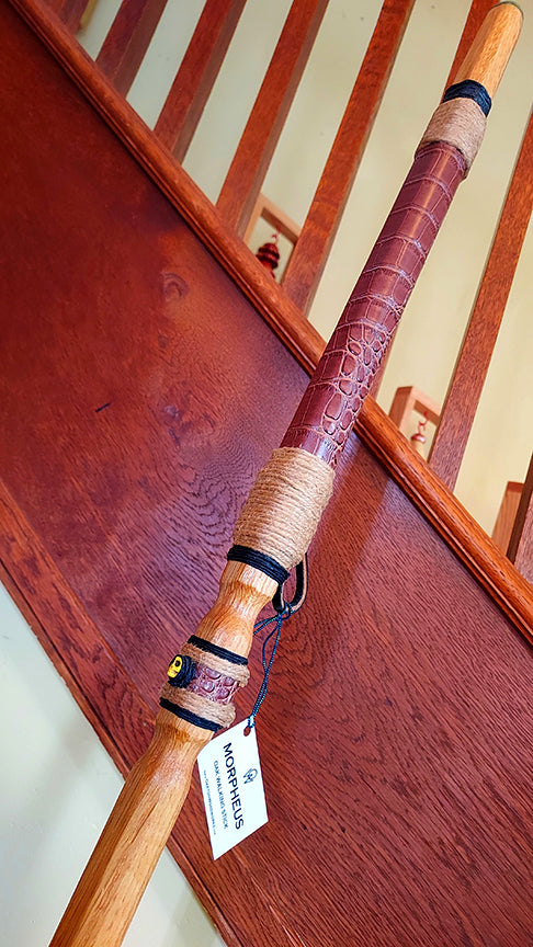 Walking Stick - MORPHEUS - 61" Red Oak - Brown Crocodile grip, with custom Display Stand